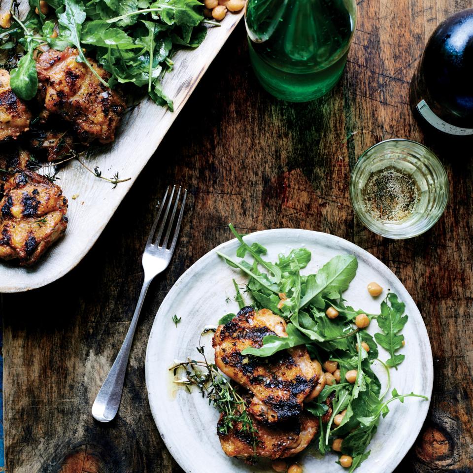 Grilled Chicken with Arugula and Warm Chickpeas