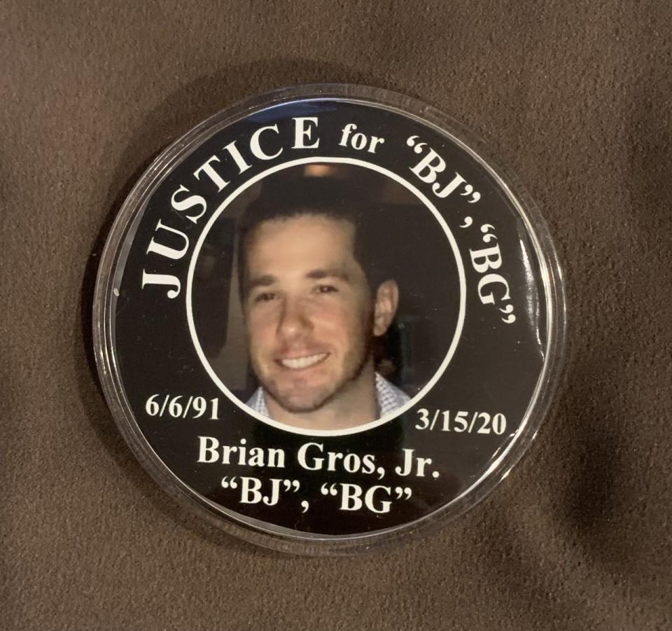 Button that family members wore Tuesday in memory of Brian Gros Jr.