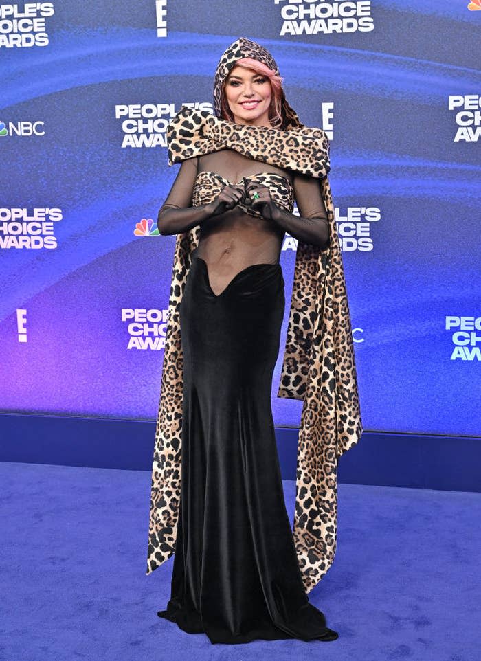 Shania Twain attends the 2022 People's Choice Awards in a leopard print hooded gown