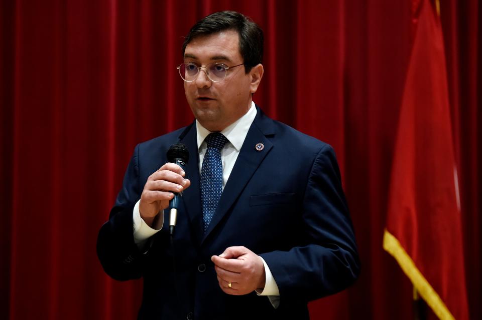 Tennessee Attorney General Jonathan Skrmetti speaks about the impact of social media has on children and families during a town hall meeting on Thursday, March 2, 2023, in Clarksville, Tenn. 