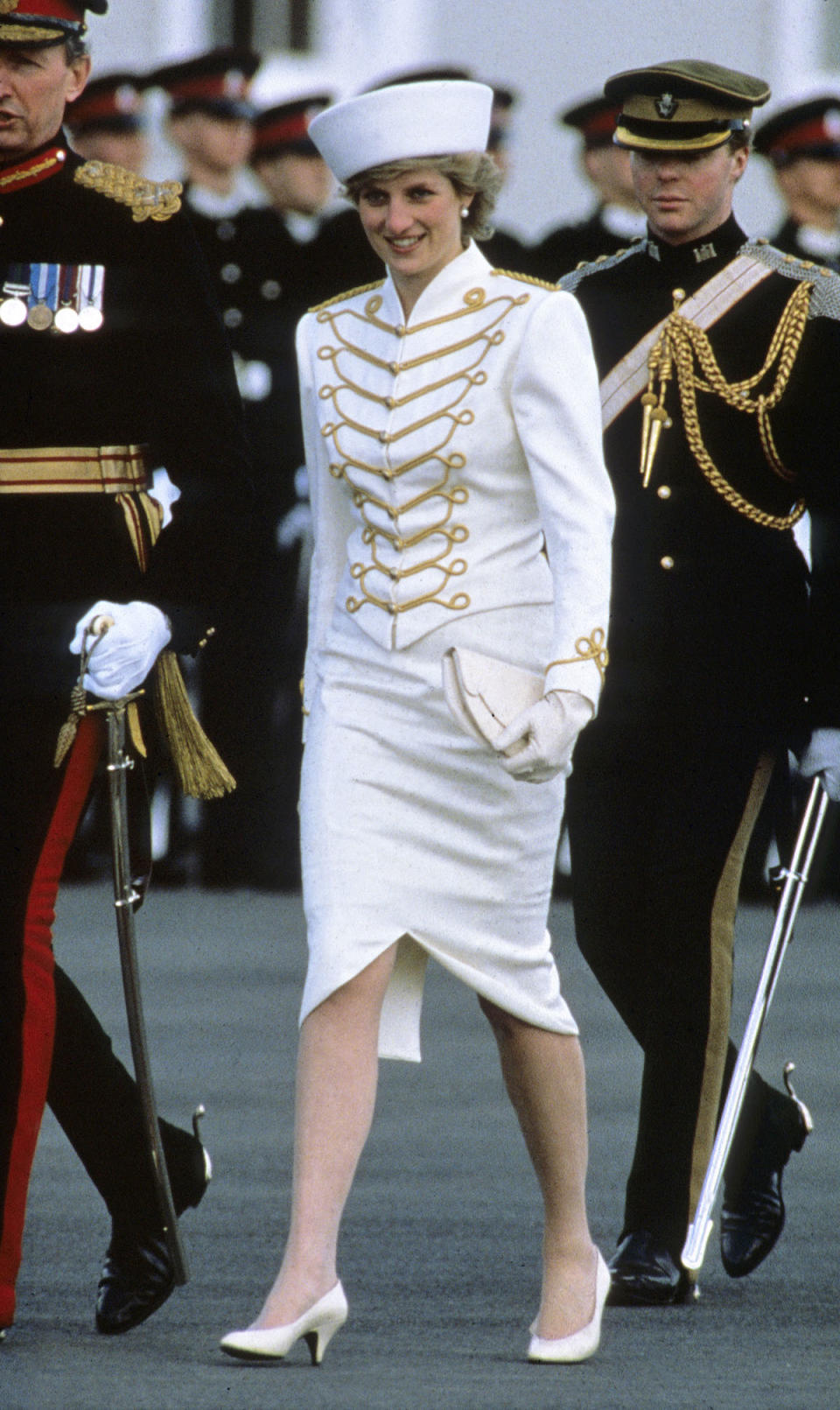 <p>While visiting Sandhurst Military Academy in 1987, the Princess played with a military fashion theme. (Photo: Getty Images) </p>