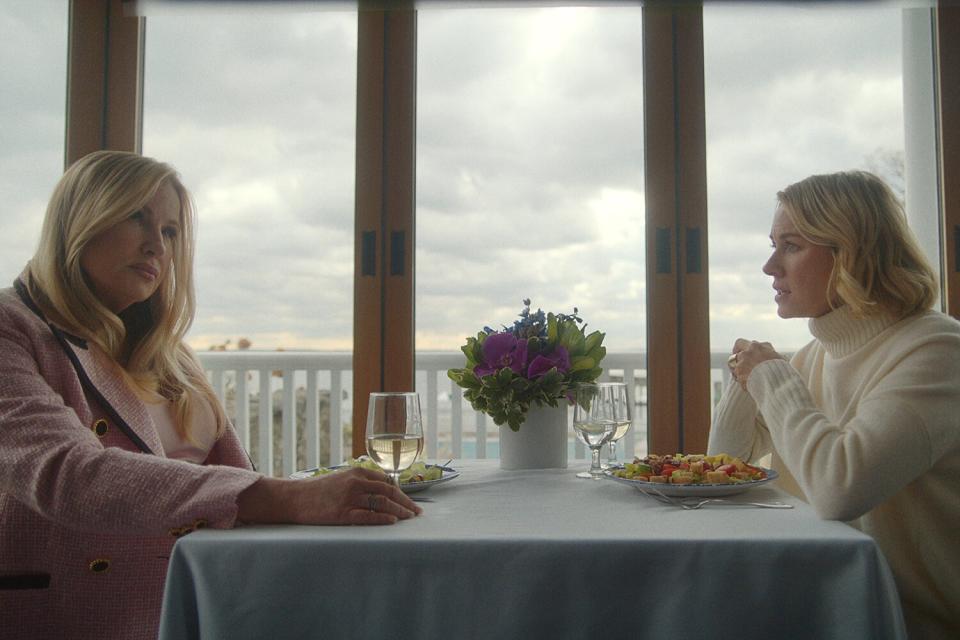 The Watcher. (L to R) Jennifer Coolidge as Karen Calhoun, Naomi Watts as Nora Brannock in episode 104 of The Watcher.