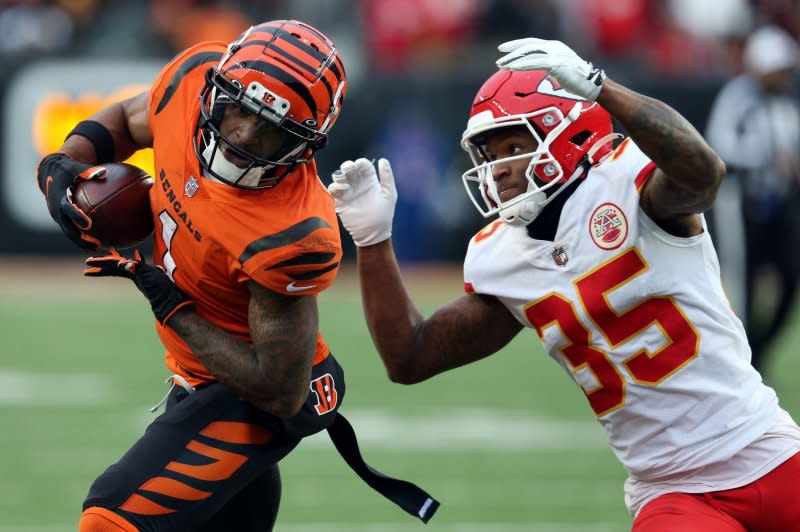 Wide receiver Ja'Marr Chase (L) is expected to be among the star players involved in a Week 2 meeting between the Cincinnati Bengals and Kansas City Chiefs. File Photo by John Sommers II/UPI