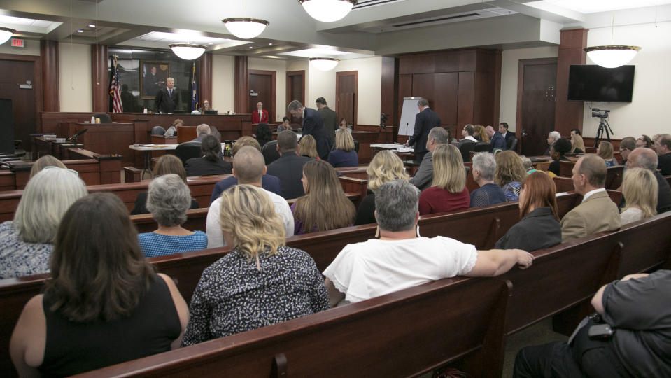 People from Saxe Gotha Elementary School fill the courtroom during the sentencing phase of the trial of Timothy Jones Jr. in Lexington, S.C. on Thursday, June 13, 2019. Jones, Jr. was found guilty of killing his five young children in 2014. (Tracy Glantz/The State via AP, Pool)