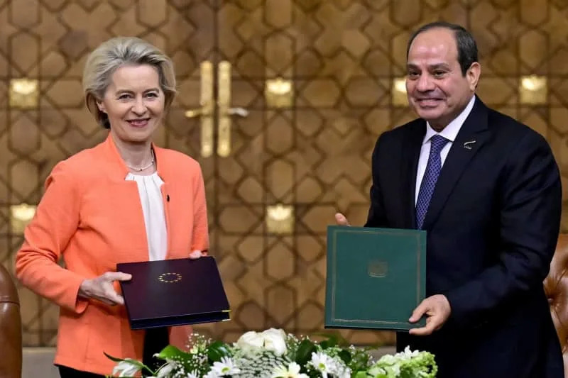 European Commission president Ursula Von der Leyen and Egypt president Abdel Fattah el-Sisi pictured after signing documents during Egyptian- European summit. The European Commission, in a statement made in Cairo on Sunday 17 March revealed plans to provide financial aid to Egypt through a combination of loans and grants totalling €7.4 billion ($8.1 billion) until the end of 2027. Dirk Waem/Belga/dpa
