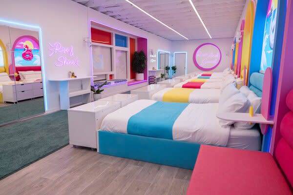 The dating reality TV show contestants sleep in one room with eight queen-size beds.