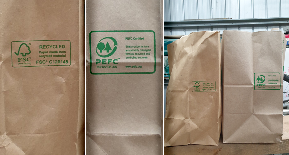 Three images showing the difference between Woolworths bags. Left - an FSC bag. Right - a PEFC bag. Centre - both bags side by side.