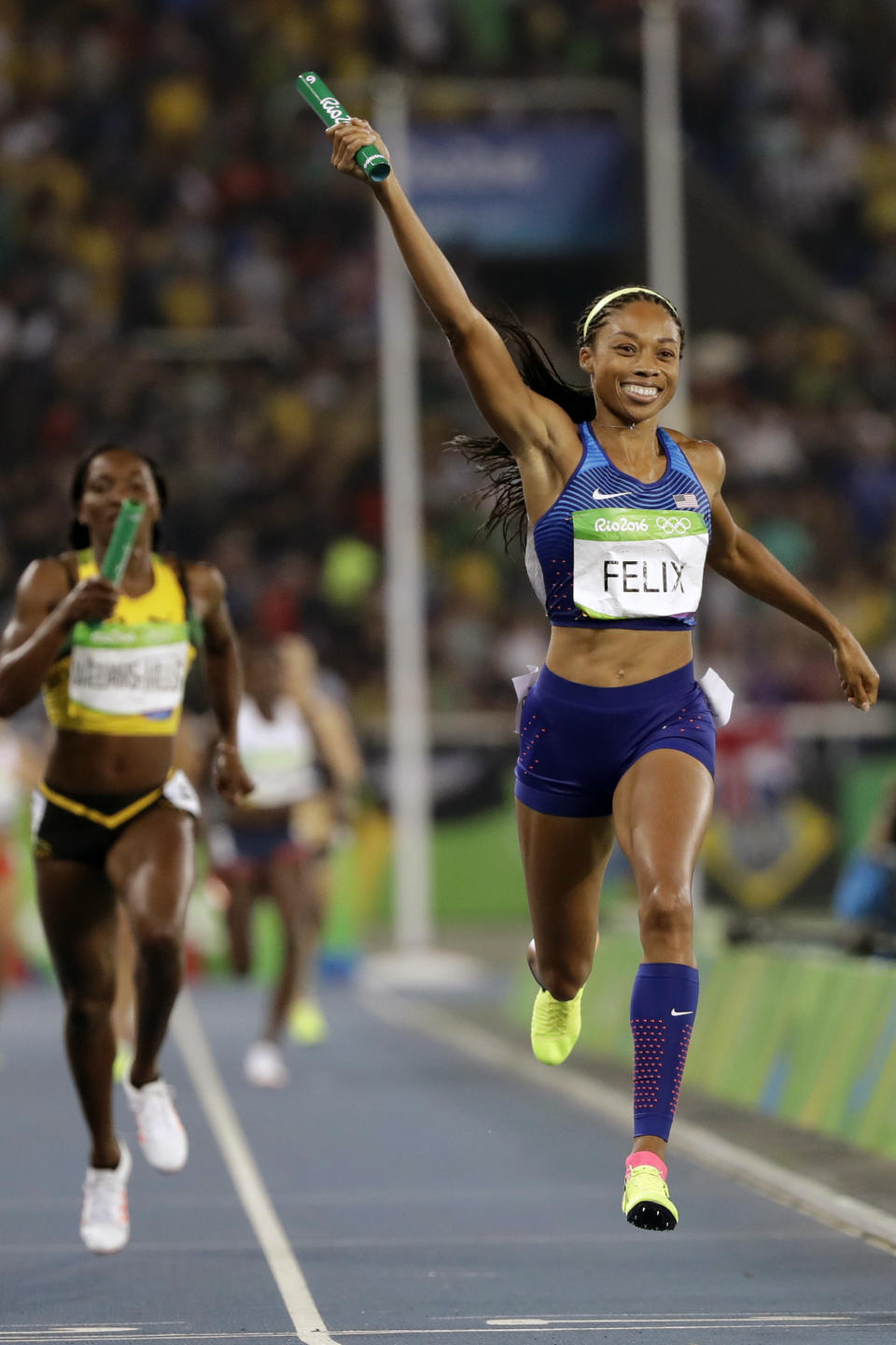 FILE - In this Aug. 20, 2016, file photo, United States' Allyson Felix crosses the line to win the gold medal in the women's 4x400-meter relay final during the athletics competitions of the 2016 Summer Olympics at the Olympic stadium in Rio de Janeiro, Brazil. Early in her career, Allyson Felix would shy away from speaking on controversial subjects. The nine-time Olympic medalist stayed in her lane. Not anymore. Not since the birth of her daughter, Camryn. Felix wants her legacy to be improving maternity rights for athletes over her times and gold medals. "I feel like I'm right where I'm supposed to be," Felix said. "I feel stronger than ever, just with everything I've been through.” (AP Photo/David J. Phillip, File)