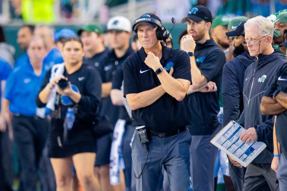 Tulane coach Willie Fritz paces the sidelines during his team's game against SMU during American Athletic championship game at Yulman Stadium.