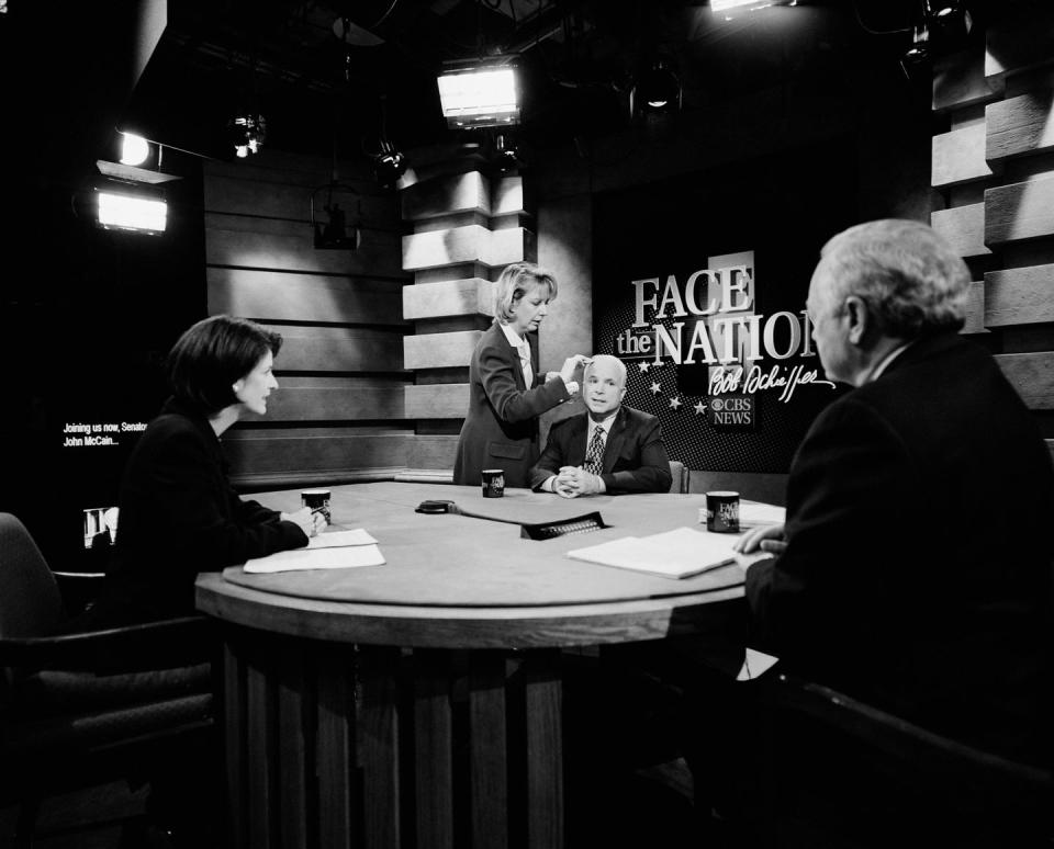 <p>McCain gets made up to appear on <em>Face the Nation </em>on January 9, 2000.</p>