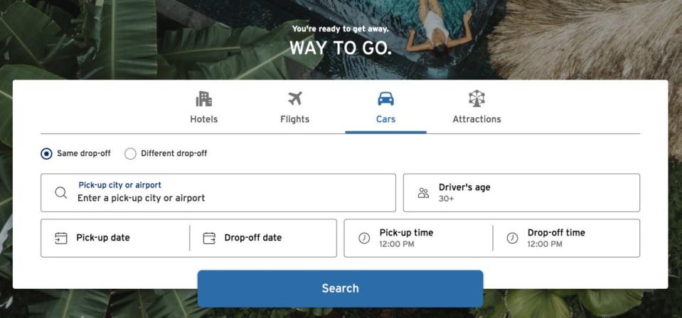 Screenshot of main car rental search screen on Citi Travel Portal.