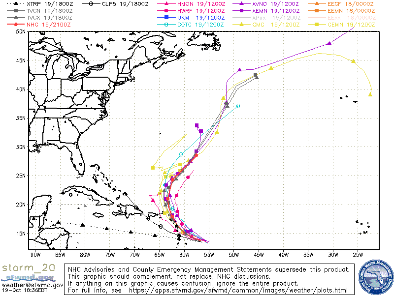 This image of a so-called "spaghetti model" map shows the potential forecast tracks that computer models predicted on October 19 for Tropical Storm Tammy, which could become Hurricane Tammy by the weekend.