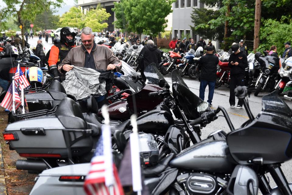 Tons of motorcycles packed the Sydney Avenue outside the Kitsap County Administration building, waiting to escort unclaimed remains of five deceased veterans to Tahoma on May 28, 2022.