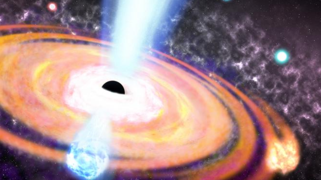  An illustration shows the magnetic fields of an early supermassive black hole driving star formation. 