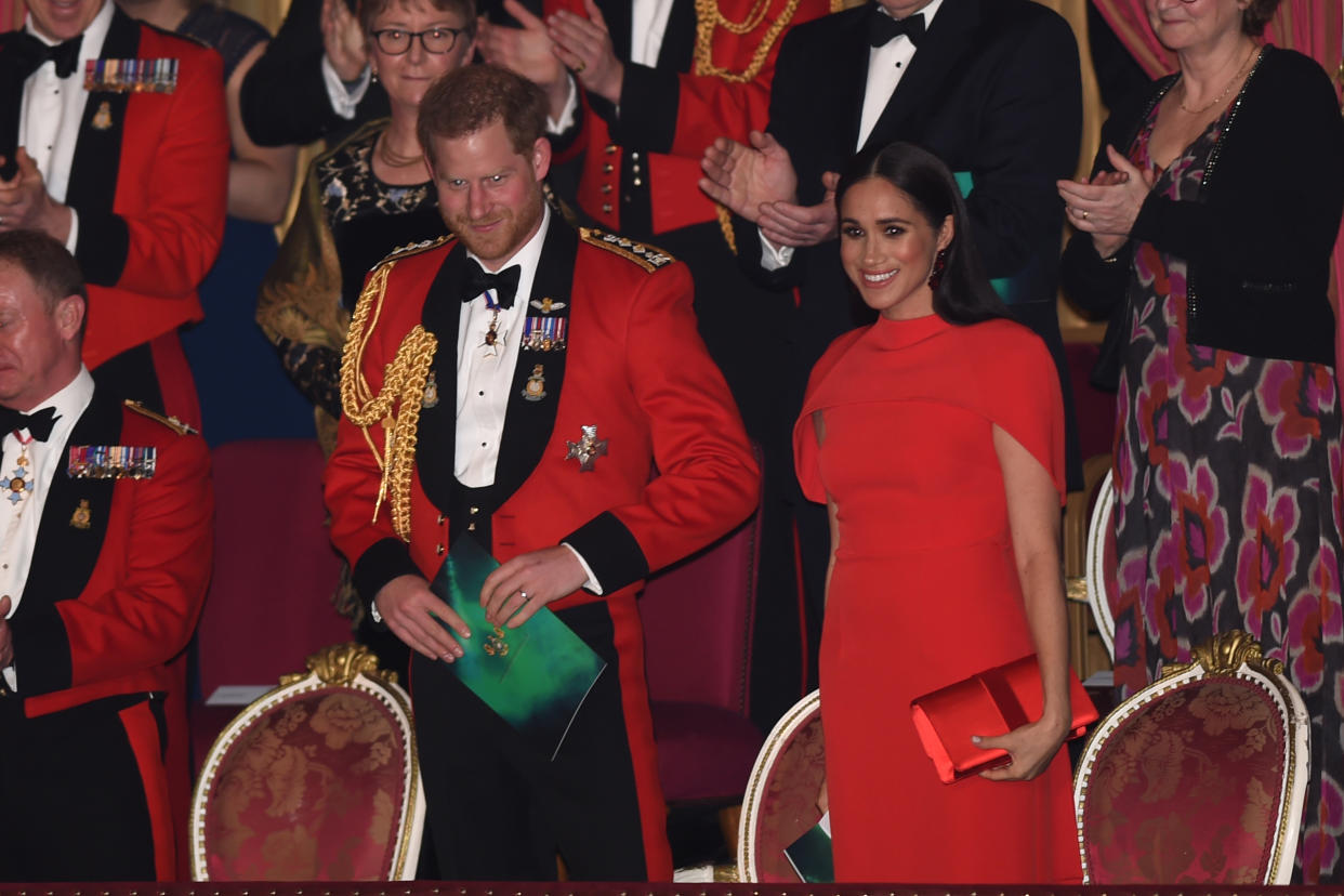 LONDON, ENGLAND - MARCH 07: Prince Harry, Duke of Sussex and Meghan, Duchess of Sussex attend the Mountbatten Music Festival at the Royal Albert Hall on March 7, 2020 in London, England. (Photo by Eddie Mulholland-WPA Pool/Getty Images)