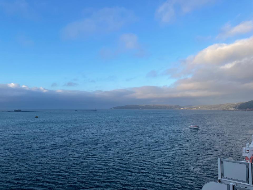 The view near Plymouth, England from my stateroom verandah on Holland America's Rotterdam ship.