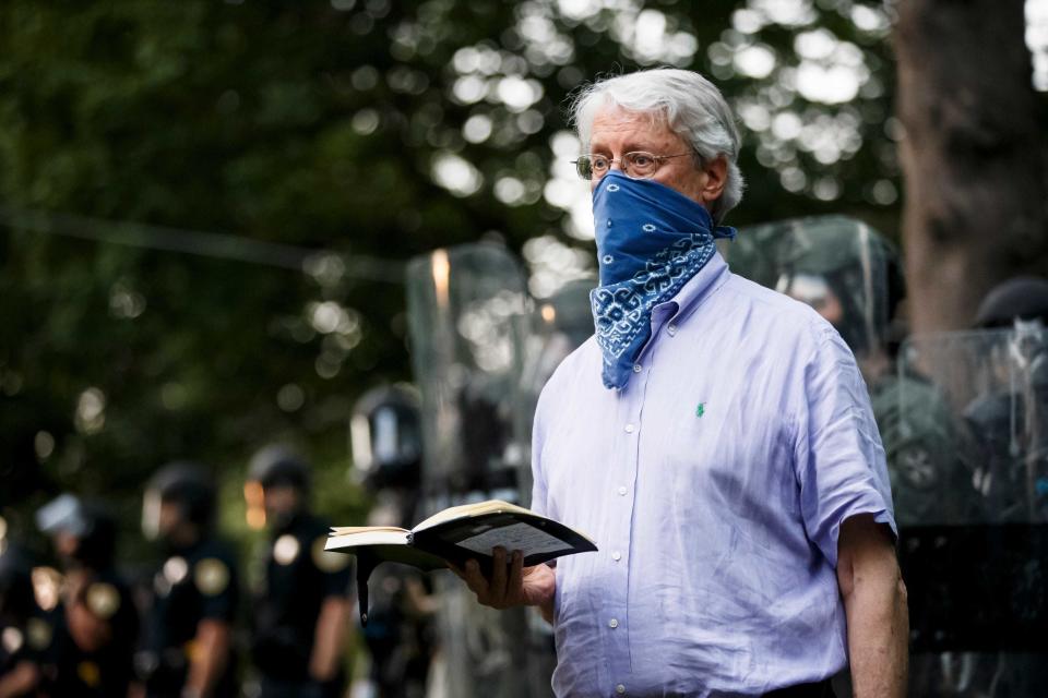 Mayor Frank Cownie waits to speak to protesters with the Solidarity for #GeorgeFloyd March for Demands on June 3, 2020.