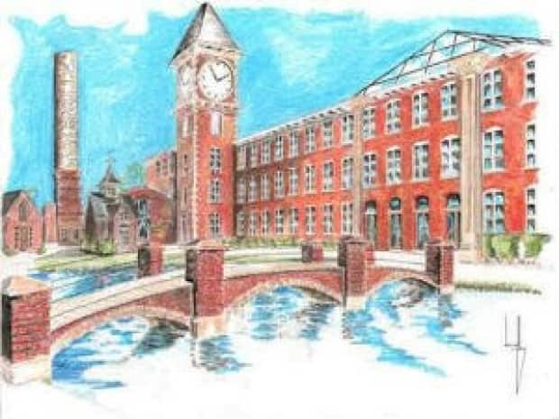 This artist rendering was included in a 2009 real estate listing for 'Mill Island,' a complex that was supposed to have upscale condos, fine dining and specialty shops. The developers behind the project put the building up for sale in 2013.