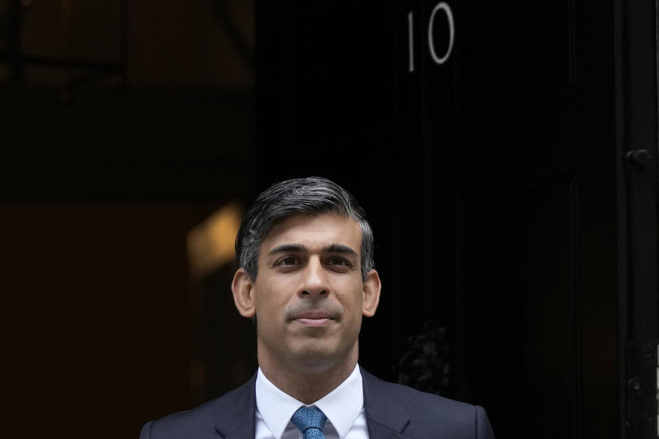 FILE - Britain's Prime Minister Rishi Sunak leaves 10 Downing Street to attend the weekly Prime Ministers' Questions session in parliament in London, on July 19, 2023. (AP Photo/Frank Augstein, File)