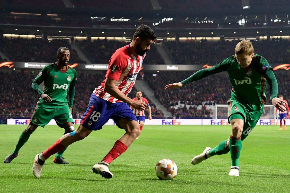 Diego Costa causes havoc once again, as he takes on the Lokomotiv Moscow defence.