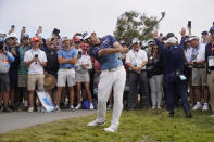 Louis Oosthuizen, of South Africa, hits from the 14th fairway rough during the final round of the U.S. Open Golf Championship, Sunday, June 20, 2021, at Torrey Pines Golf Course in San Diego. (AP Photo/Jae C. Hong)