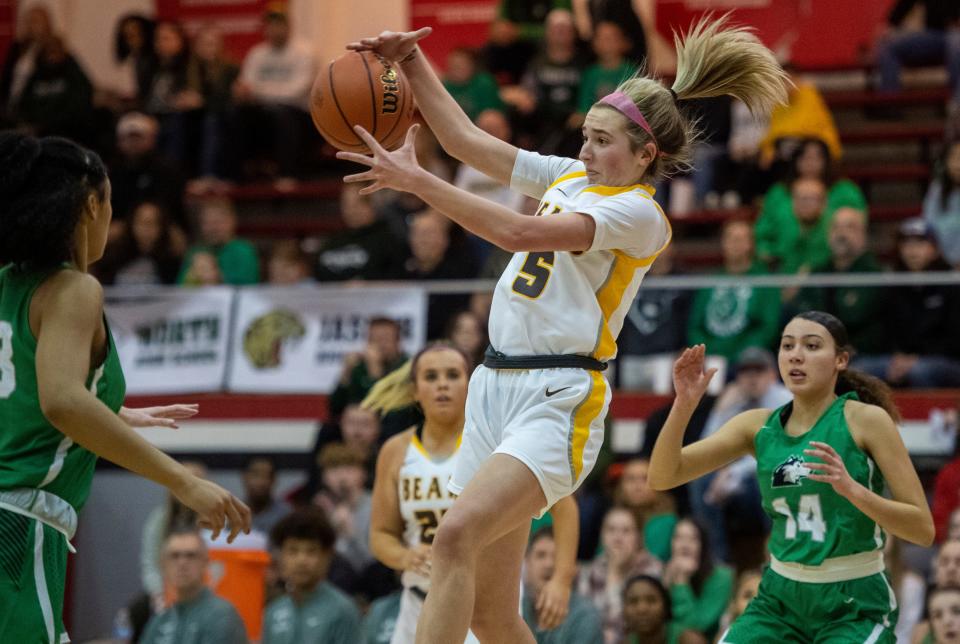 Central's Delaney Steers (5) reaches for a rebound as the Central Bears play the North Huskies during the semifinal round of the 2023 IHSAA Class 4A Girls Basketball Sectional at Harrison High School in Evansville, Ind., Friday, Feb. 3, 2023. 