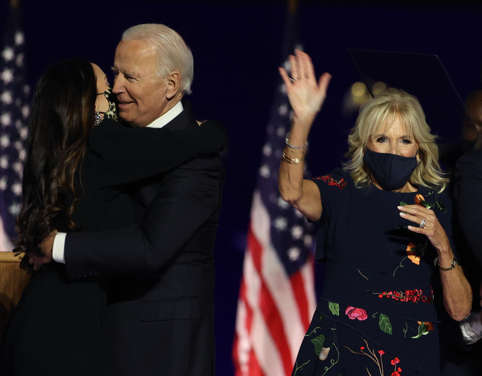 WILMINGTON, DELAWARE - NOVEMBER 07:  President-elect Joe Biden and Jill Biden wave to the crowd after Biden's address to the nation from the Chase Center November 07, 2020 in Wilmington, Delaware. After four days of counting the high volume of mail-in ballots in key battleground states due to the coronavirus pandemic, the race was called for Biden after a contentious election battle against incumbent Republican President Donald Trump. (Photo by Tasos Katopodis/Getty Images)