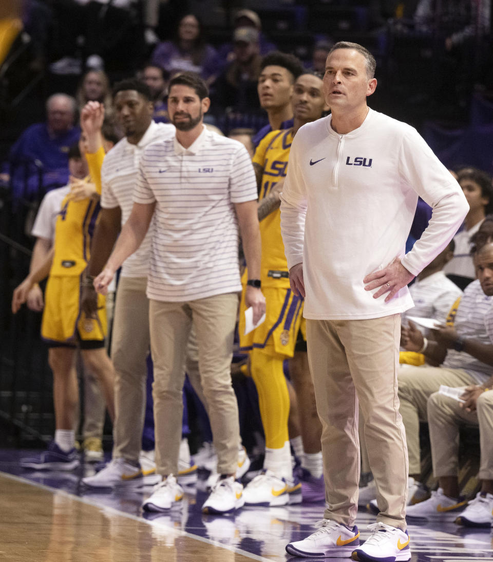 LSU head coach Matt McMahon watches his team play Vanderbilt during an NCAA college basketball game, Tuesday, Jan. 9, 2024 in Baton Rouge, La. (Hilary Scheinuk/The Advocate via AP)