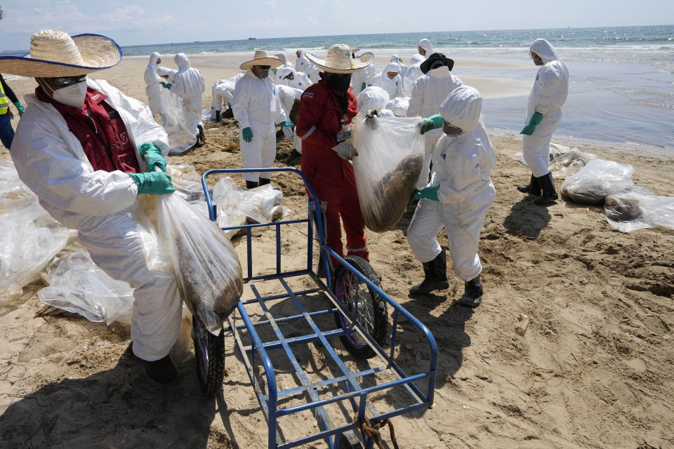 Workers carry out a cleanup operation on Mae Ramphueng Beach after a pipeline oil spill off the coast of Rayong province in eastern Thailand, Sunday, Jan. 30, 2022. The governor of a province in eastern Thailand on Saturday declared a state of emergency after an oil slick washed up on a sand beach, shutting down restaurants and shops in a setback for the pandemic-hit tourism industry. (AP Photo/Sakchai Lalit)