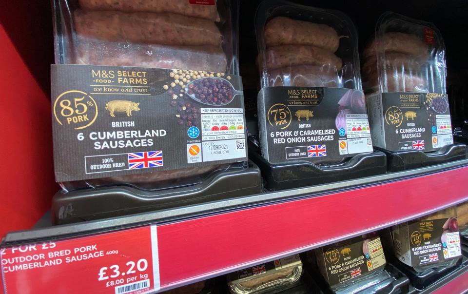 BELFAST, NORTHERN IRELAND - SEPTEMBER 10: Mainland UK meat produce including Cumberland sausages is seen on a Northern Irish supermarket shelf on September 10, 2021 in Belfast, United Kingdom. Negotiations between the EU and UK have faltered on checks on some goods moving between the UK and Northern Ireland. The two trade bodies have agreed to continue the grace period indefinitely so talks can continue, this means that the flow of produce destined for Northern Irish supermarkets without checks will not, for now, be challenged thereby averting another so called sausage war over the sale of British meat including sausages, mincemeat and hams in the province which was due to be banned at the end of September. (Photo by Charles McQuillan/Getty Images) - Photo by Charles McQuillan/Getty Images