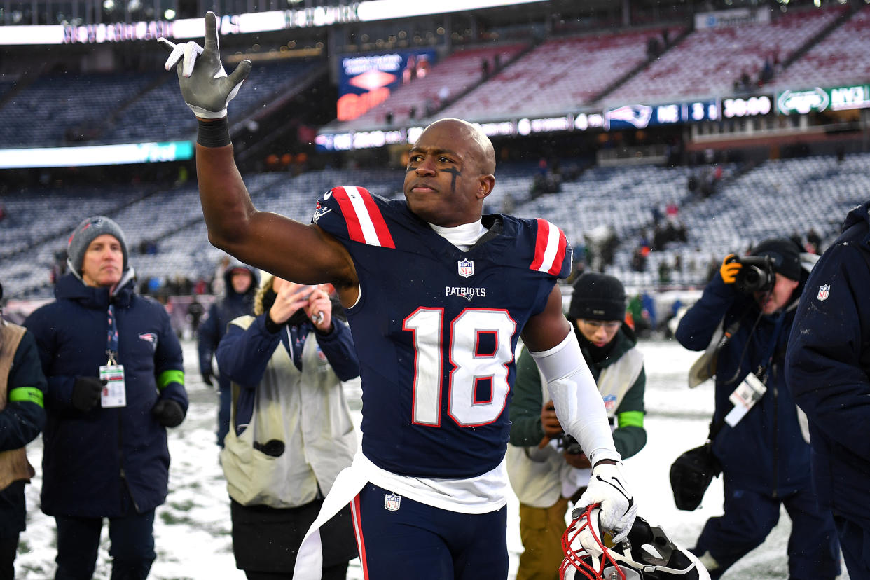 FOXBOROUGH, MASSACHUSETTS - JANUARY 07: Matthew Slater #18 of the New England Patriots waves to fans while walking off the field after a game against the New York Jets at Gillette Stadium on January 07, 2024 in Foxborough, Massachusetts. (Photo by Billie Weiss/Getty Images)