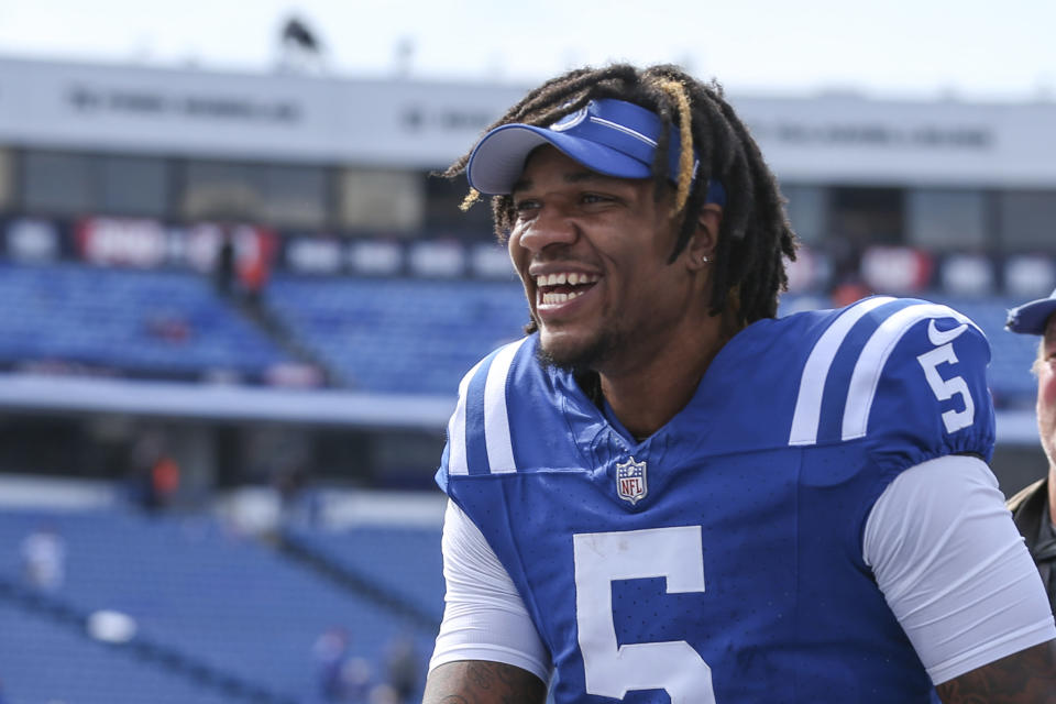 Indianapolis Colts quarterback Anthony Richardson (5) jogs off the field after an NFL pre-season football game against the Buffalo Bills, Saturday, Aug. 12, 2023, in Orchard Park, N.Y. Buffalo defeated the Colts 23-19. (AP Photo/Gary McCullough)