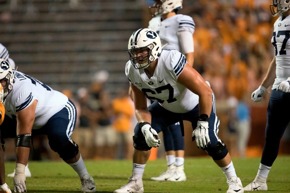 BYU offensive tackle Brady Christensen was chosen by the Panthers in the third round. At 24, he is older than his new quarterback Sam Darnold (23).