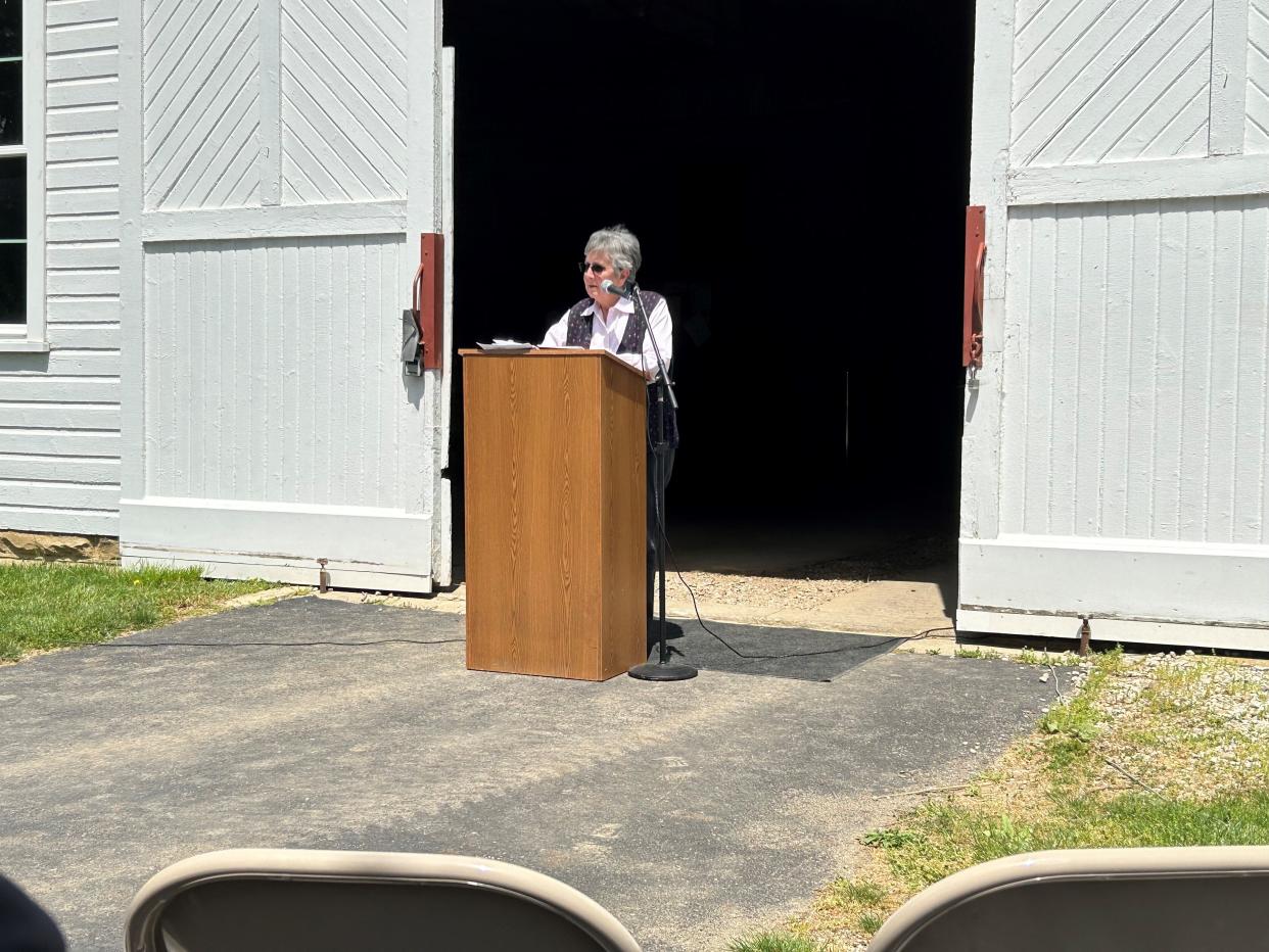 Bryn Du Commission President Candi Moore speaks during a groundbreaking ceremony May 1 for a $1.5 million renovation of the historic barn at the Bryn Du Mansion. The renovation will transform the barn's first floor into a home for the Licking County Community Center.