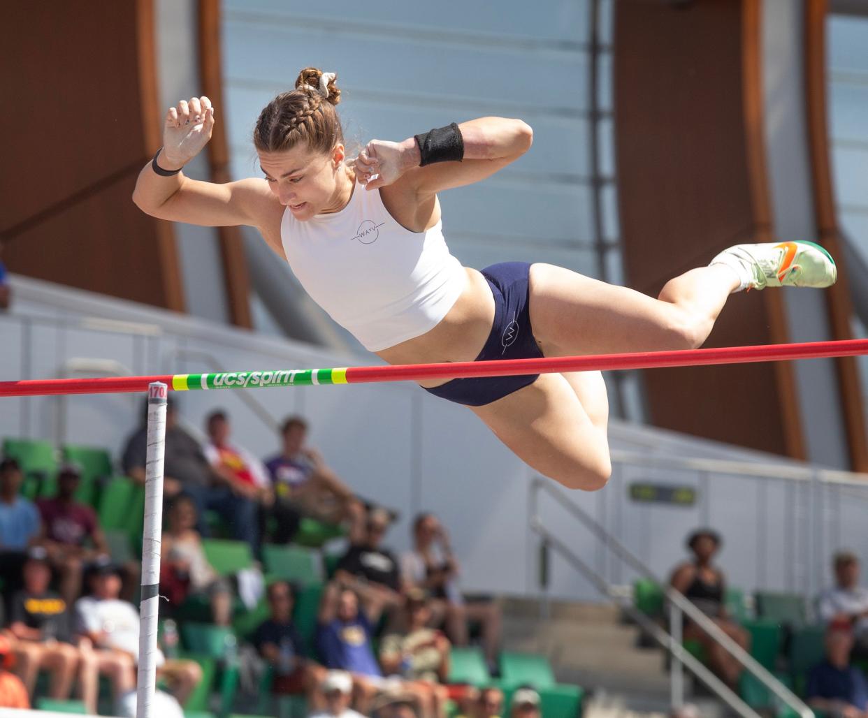 Bridget Williams clears the bar in the women’s pole vault on her way to gold during the final day of the U.S. Olympic Track & Field Trials in Eugene Sunday, June 30, 2024.