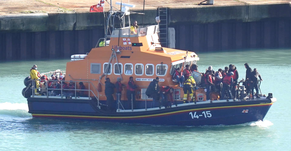 A group of people thought to be migrants are brought in to Dover, Kent, onboard the Ramsgate Lifeboat following a small boat incident in the Channel. Picture date: Thursday October 27, 2022. (Photo by Gareth Fuller/PA Images via Getty Images)