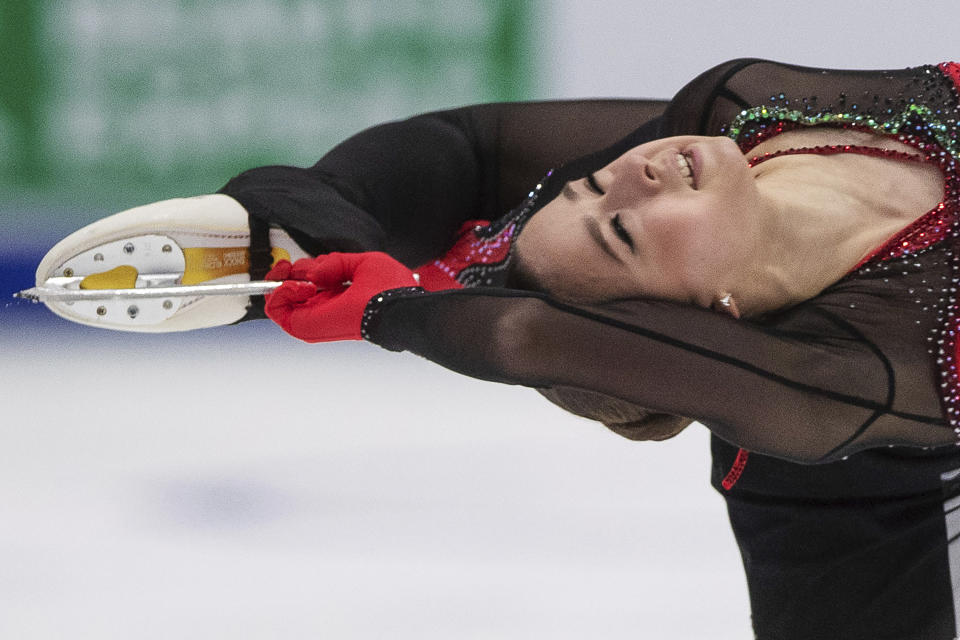 Russia's Kamila Valieva performs during the women's free skating competition of the ISU European Figure Skating Championships in Tallinn, Estonia, Saturday, Jan. 15, 2022. (AP Photo/Raul Mee)