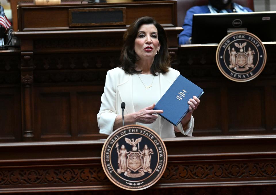 New York Gov. Kathy Hochul delivers her first State of the State address in the Assembly Chamber at the state Capitol, Wednesday, Jan. 5, 2022, in Albany, N.Y. (AP Photo/Hans Pennink, Pool)