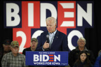 Democratic presidential candidate former Vice President Joe Biden speaks during a campaign event on foreign policy at a VFW post Wednesday, Jan. 22, 2020, in Osage, Iowa. (AP Photo/John Locher)