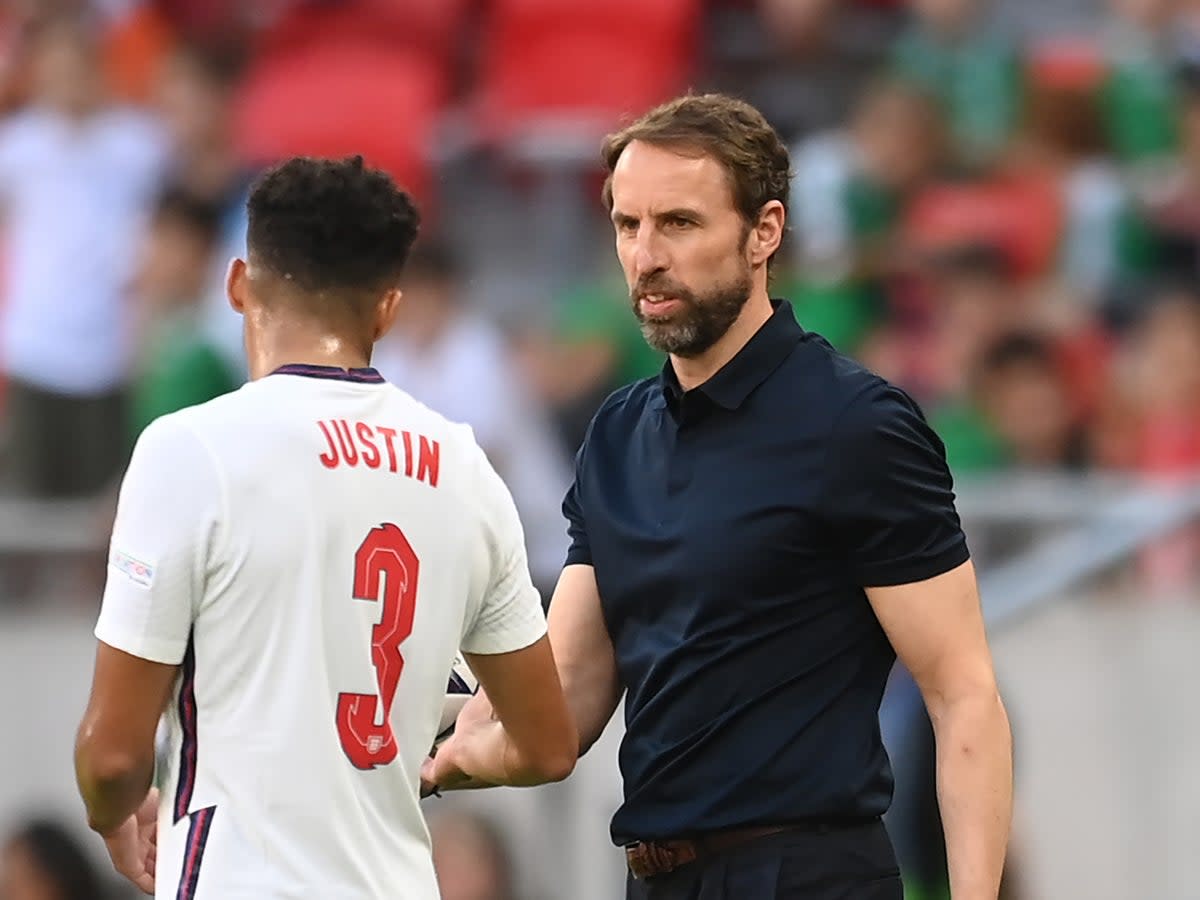 Gareth Southgate (right) handed England debuts to starters James Justin and Jarred Bowen (Getty Images)