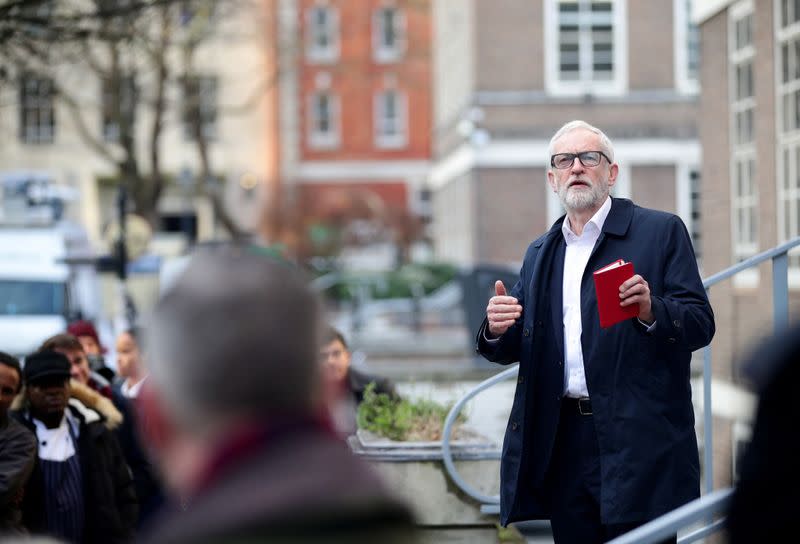FILE PHOTO: Britain's opposition Labour Party leader Jeremy Corbyn speaks outside University of London, in London