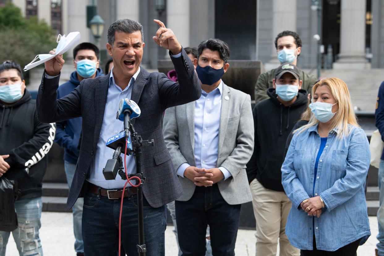City Councilman Ydanis Rodriguez speaks at a press conference Saturday, Oct. 10, 2020, in Manhattan, New York.