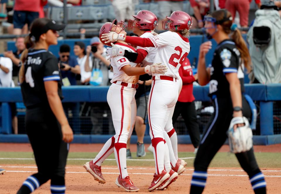 Oklahoma's Alyssa Brito (33), Tiare Jennings (23) and Jayda Coleman (24) celebrate as Duke's Ana Gold (4) and Dani Drogemuller (16) walk of the field following the Sooners' win over the Blue Devils on Thursday.