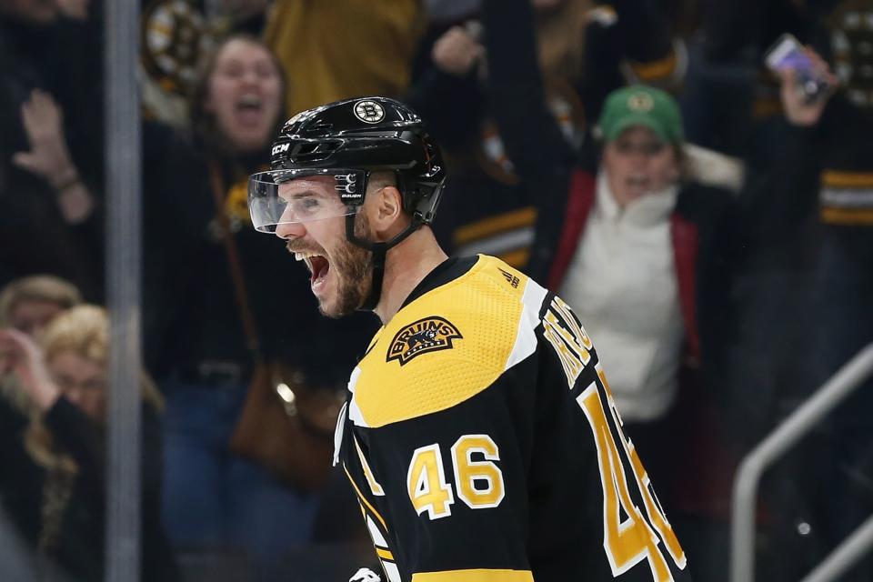 <p>
              Boston Bruins' David Krejci celebrates his tying goal during the third period of an NHL hockey game against the Minnesota Wild in Boston, Saturday, Nov. 23, 2019. (AP Photo/Michael Dwyer)
            </p>