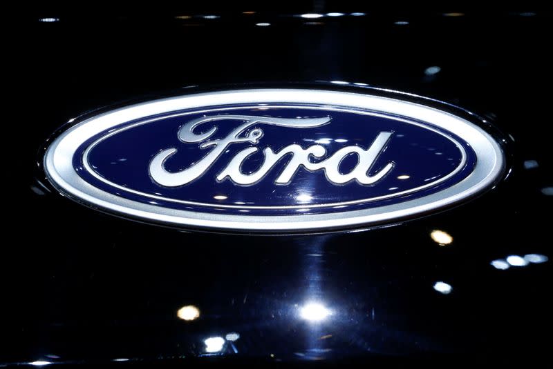 FILE PHOTO: A logo of Ford is pictured on a car at an event in Switzerland