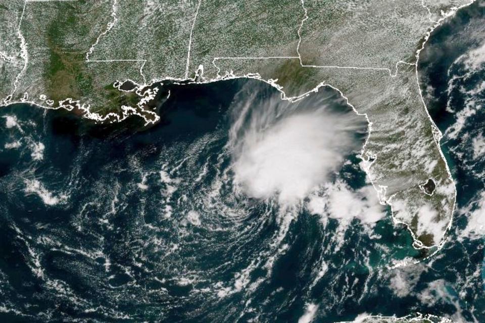 PHOTO: This GOES-East GeoColor satellite image taken Friday, June 2, 2023 at 1:21 p.m. EDT., and provided by NOAA, shows Tropical Storm Arlene, the first named storm of the Atlantic hurricane season, in the Gulf of Mexico off the west coast of Florida. (NOAA via AP)
