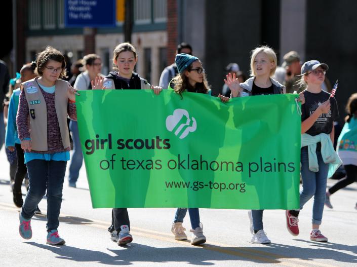 Girl Scouts of Texas Oklahoma Plains take part in the Veterans Day Parade in downtown Wichita Falls in this 2019 photo.