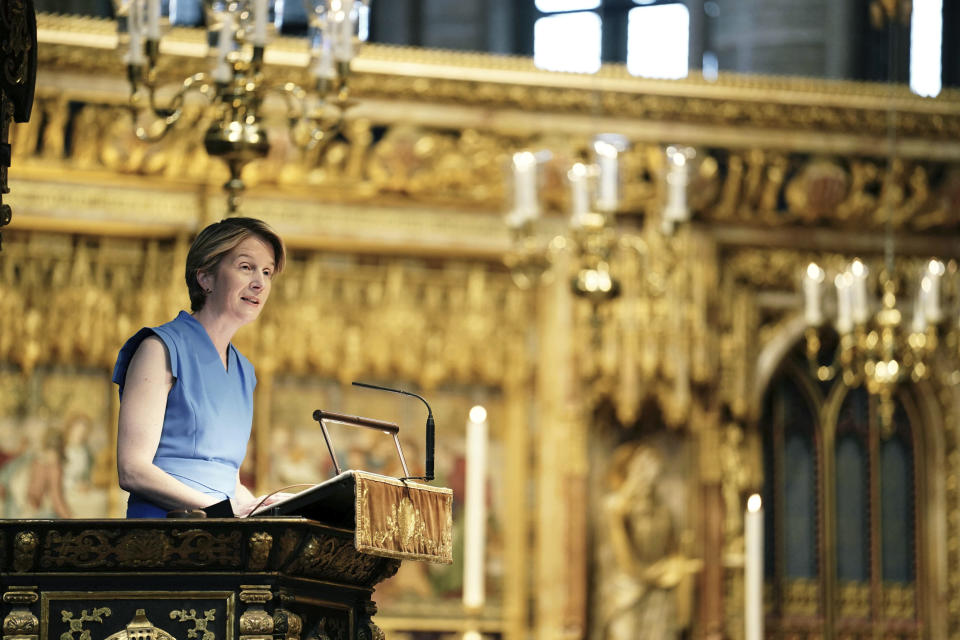 Amanda Pritchard, Chief Executive of NHS England speaks, during the NHS anniversary ceremony at Westminster Abbey, part of the health service's 75th anniversary celebrations, in London, Wednesday, July 5, 2023. The U.K. is celebrating the 75th birthday of its beloved but increasingly creaky National Health Service. The date is being marked with charity tea parties, royal visits and a service of thanksgiving at London’s Westminster Abbey. (Jordan Pettitt/PA via AP)