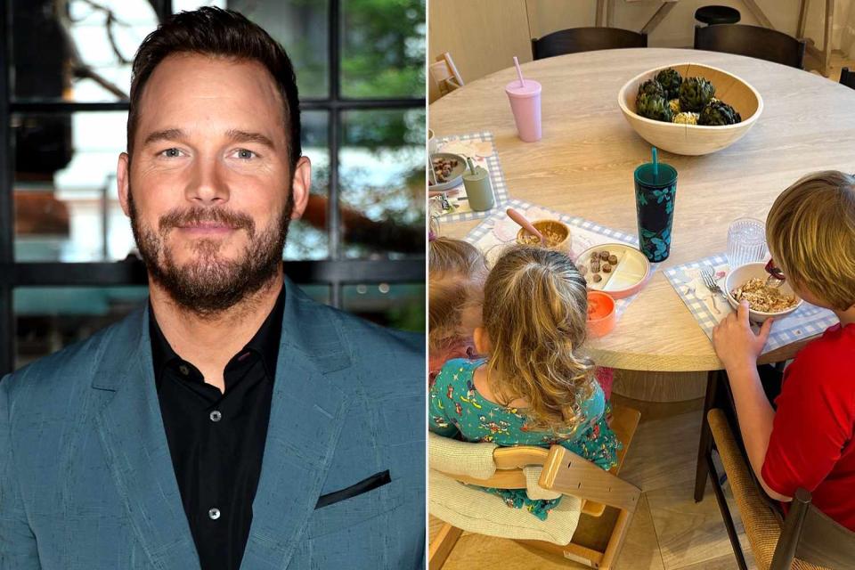 <p>Dimitrios Kambouris/Getty; Chris Pratt/Instagram</p> Chris Pratt shared a sweet photo of his three children enjoying breakfast together.