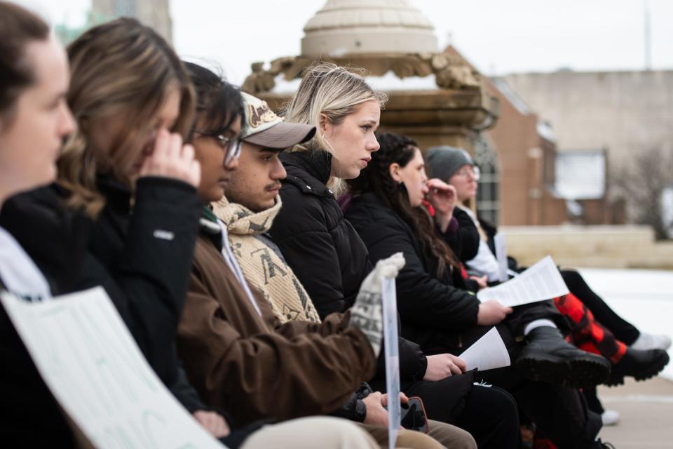 Students rally on the Capitol steps on Thursday, Feb. 15, 2024, during a rally against gun violence.